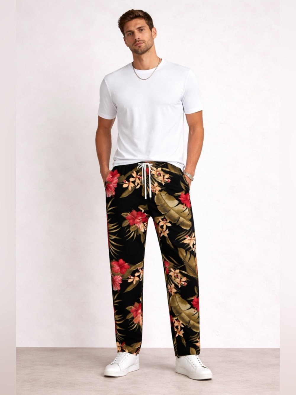 freecity Black Tropical Floral Drawstring Chinos